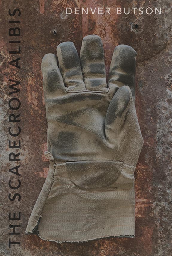Work glove on a bronze metal background. Title on the left vertical side and author name running across top