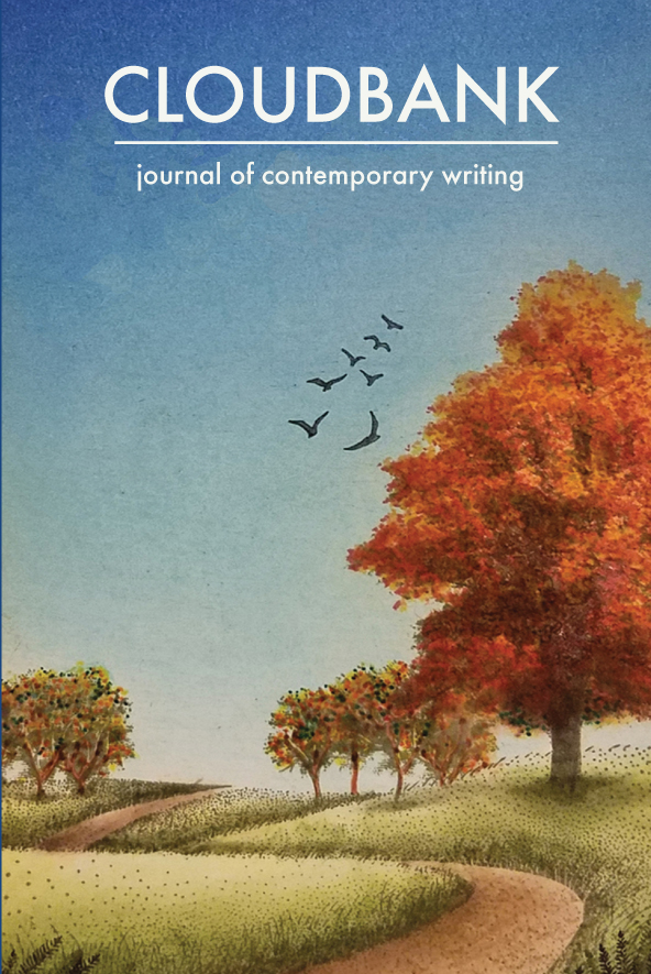Cloudbank 20 cover, Fall coloured trees along a dirt path with blackbirds flying around the largest tree.